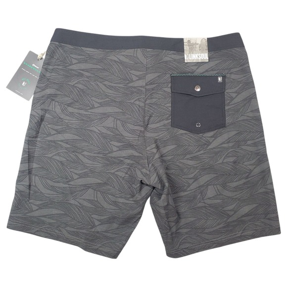 Linksoul Boardwalker Shorts Mens‎ 38" Board Shorts Black Leaf Print Hybrid Surf - Picture 2 of 14